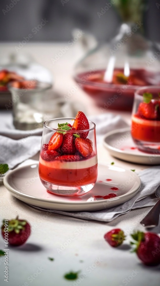 Delicious strawberries dessert in glass, ai generation Delicious strawberries dessert in glass, ai generation
