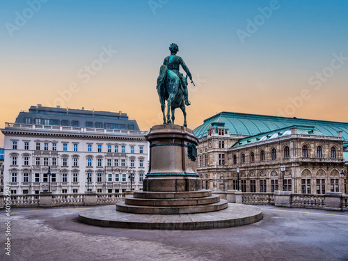 Vienna Operahouse and the Statue of Erzherzog Albrecht during sunset, Vienna, Austria