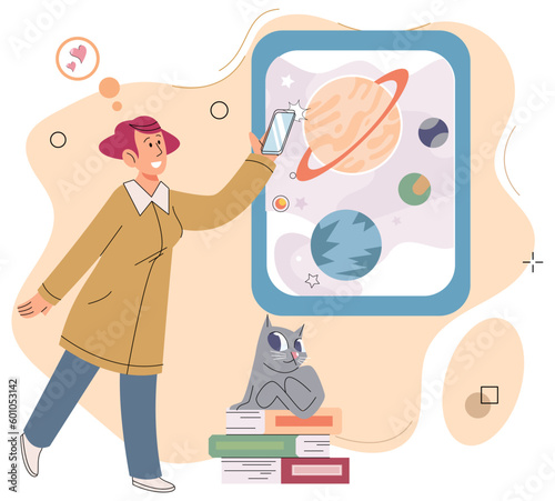 Teacher in geography class. Instructor female character teaches an astronomy lesson. Online class, woman recording online video solar system exploration. Pedagogue with mobile phone smart technologies