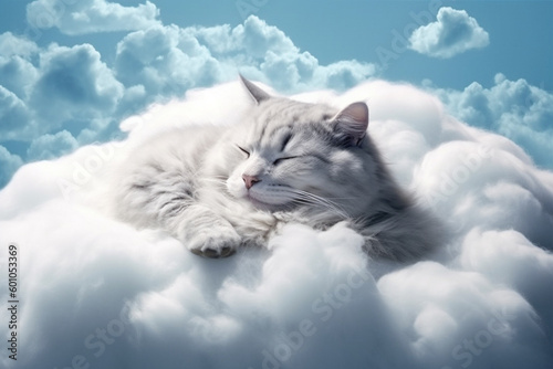 a cat sleeping on a cloud with a blue cloudy sky in the dream background