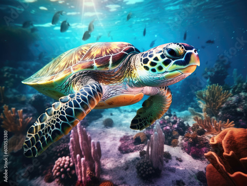 Sea turtle swims under blue water