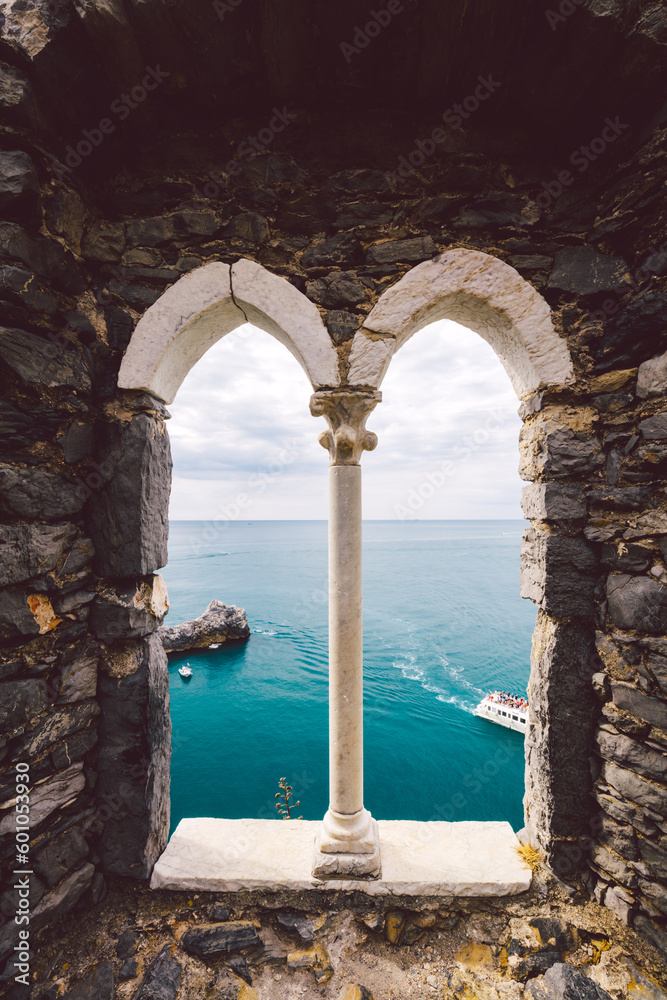 Ancient old window with sea view. Porto Venere, Italy