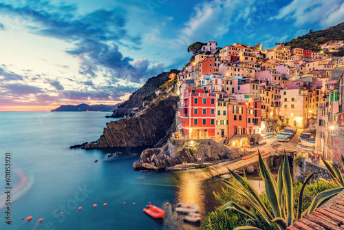 Riomaggiore in Cinque Terre, Italy at the evening