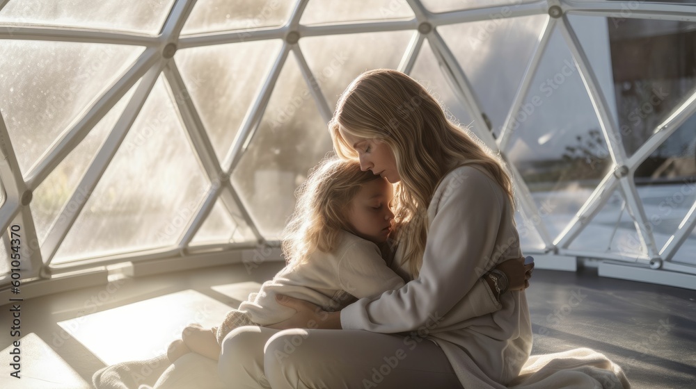 Mother comforting daughter inside protective dome Mother comforting daughter inside protective dome