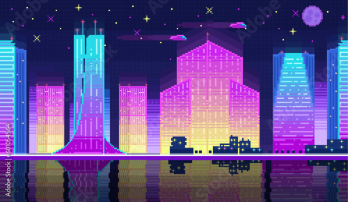 Night city landscape neon pixel background with hight buildings silhouette and stars in dark sky. Pixelated evening cityscape neon for video game design pixel nighttime with modern skyscrapers