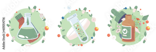 Green organic natural homeopathic pills in glass jar. Homeopathy treatment herbal alternative medicine, essential natural oil, herb pharmacy, food supplement. Phyto capsules, leaves and green plants
