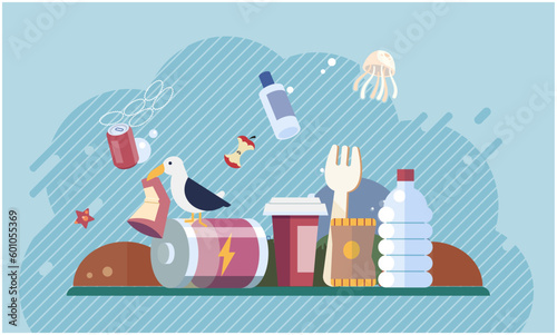 Environmental pollution with garbage and waste big problem due to human activities and unreasonable consumption. Plastic garbage and bottles at bottom of polluted reservoir, littered river and sea