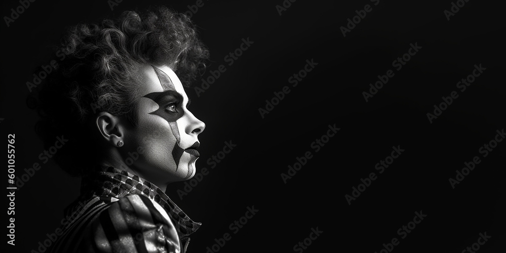 Black and white photorealistic studio portrait of a female clown on black background. Generative AI illustration