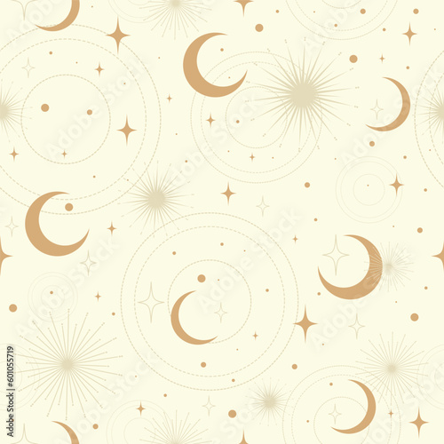 Seamless cosmic space pattern with sun, crescent and stars on a beige background.