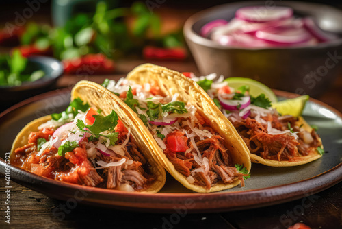 Tacos. Crispy flour and corn tortillas filled with sausage, cheese, salsa and guacamole. Classic Tex-Mex or Mexican restaurant entrée favorite. Ai generative
