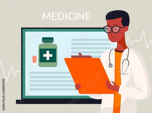 student of the faculty of medicine, doctor, science, education, specialty, higher education, college, university, institute, teacher, teaching, tutoring, tutor, vector illustration, dark skin tone
