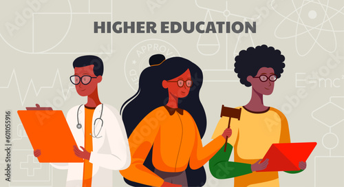 higher education set banner, student, faculty, science, education, doctor, lawyer, physicist, specialty, college, university, institute, teacher, teaching, tutoring, tutor, dark skin tone photo