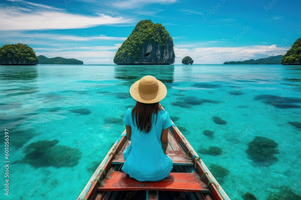 Woman enjoying a boat ride amidst the vibrant tropical islands of the Philippines, generative ai