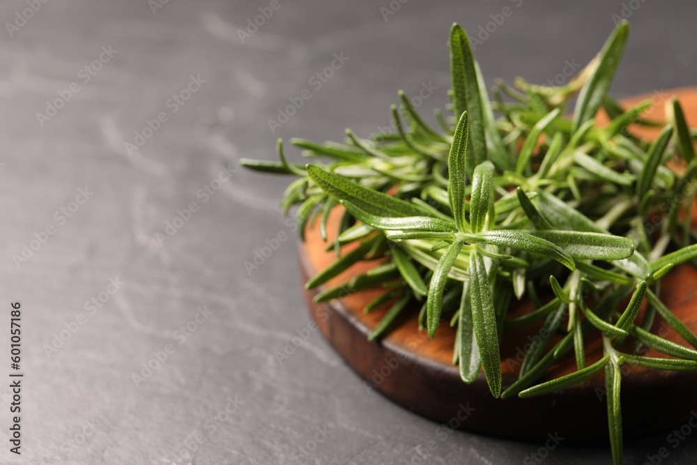 Fresh green rosemary on grey table, closeup. Space for text Fresh green rosemary on grey table, closeup. Space for text