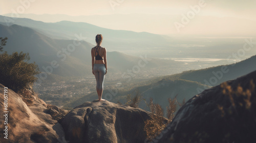 Back view of female meditating in scenic location - Generative Ai photo