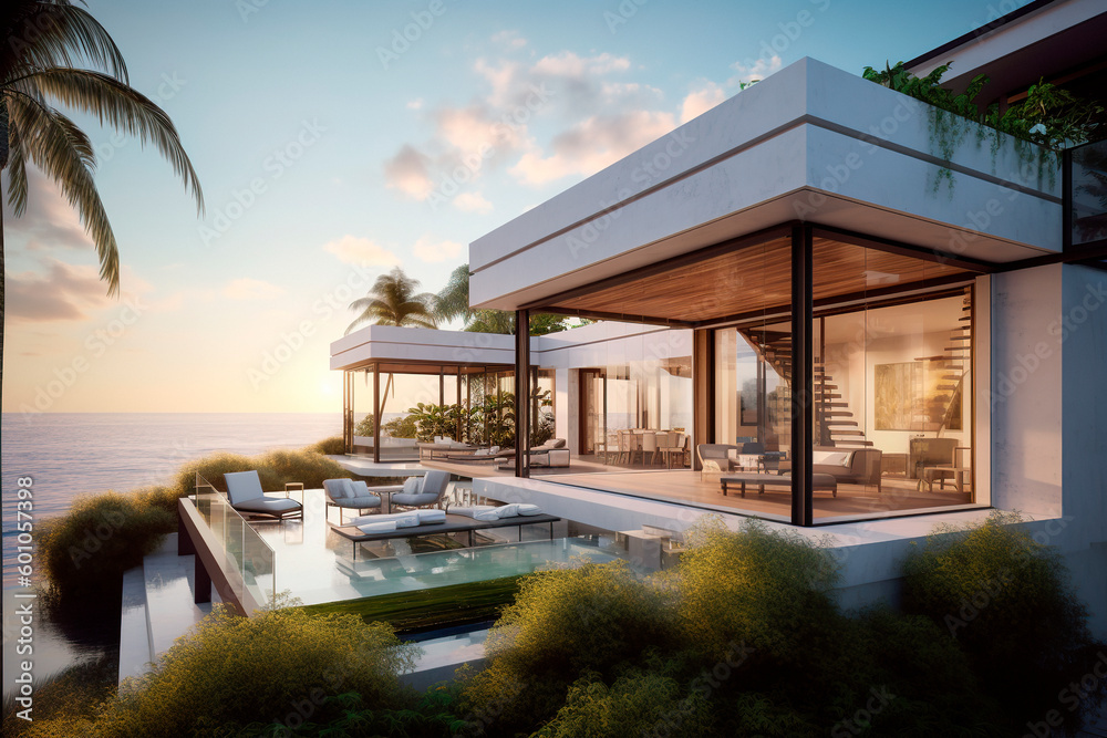 Sea view. A luxury modern white beach hotel with a swimming pool. Sunbed on sundeck for a vacation home or hotel. Generative Ai Edited Sea view. A luxury modern white beach hotel with a swimming pool. Sunbed on sundeck for a vacation home or hotel. Generative Ai Edited