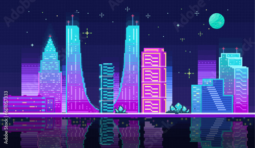 Night city landscape neon pixel background with hight buildings silhouette and stars in dark sky. Pixelated evening cityscape neon for video game design pixel nighttime with modern skyscrapers