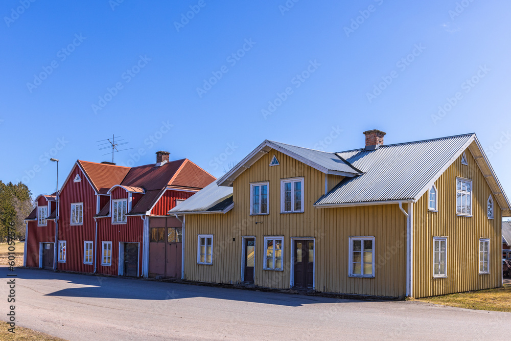 Old empty buildings on a street in a countryside village