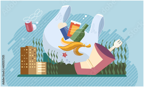 Environmental pollution with garbage and waste big problem due to human activities and unreasonable consumption. Plastic garbage and bottles at bottom of polluted reservoir, littered river and sea