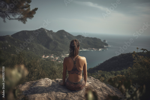 Back view of unrecognizable woman immersing herself in mountain serenity during meditation - Generative AI photo