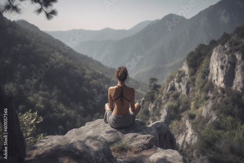 Back view of unrecognizable female finding solace in mountain contemplation - Generative AI photo