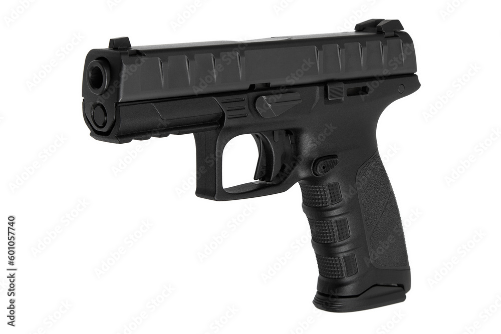 Modern semi-automatic pistol isolate on a white back. Armament for the army and police. Short-barreled weapon Modern semi-automatic pistol isolate on a white back. Armament for the army and police. Short-barreled weapon