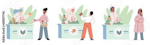 Homeopathy and herbal remedies set. Medical research laboratory diagnostics. Homeopathic treatment and phytotherapy. Traditional herb recipes of alternative medicine. Medicine pharmacy. Herbal pills