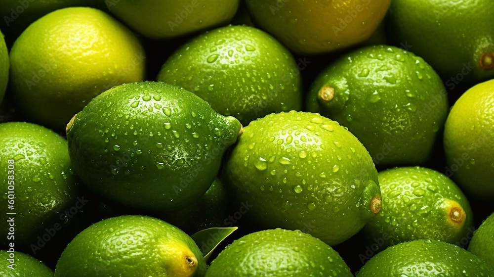 Limes background. Fresh green lime with water drops. AI generated Limes background. Fresh green lime with water drops. AI generated