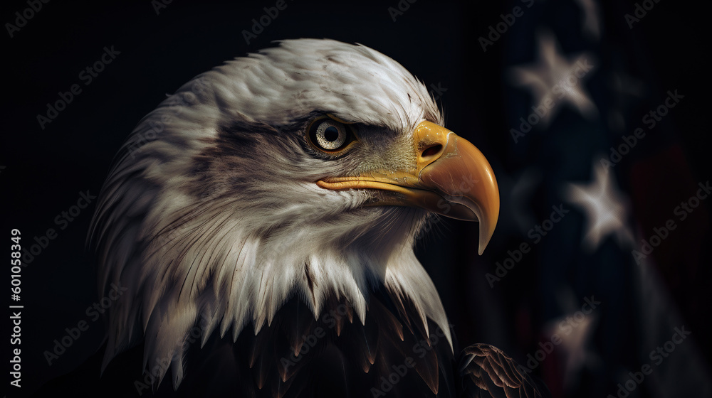 Ai generated illustration of an American bald eagle in front of USA's flag. Ai generated illustration of an American bald eagle in front of USA's flag.