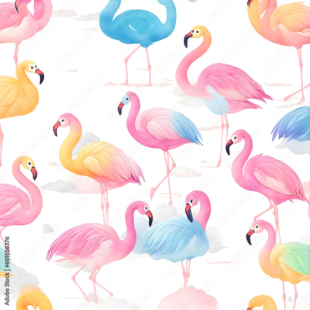 Fototapeta premium Seamless patterns of cute flamingos created with Generative AI technology