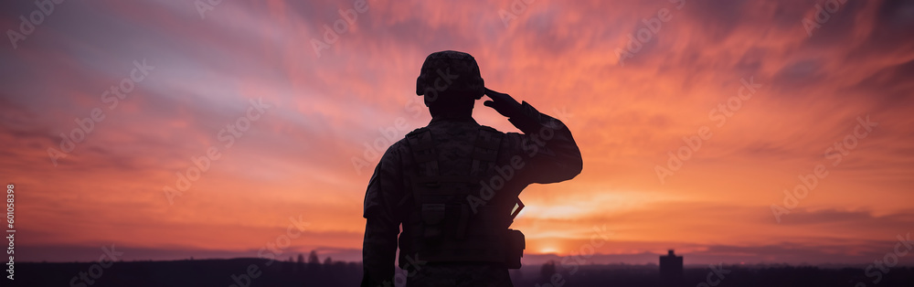 Ai generated illustration of  American Proud saluting male army soldier, silhoutte against sunset