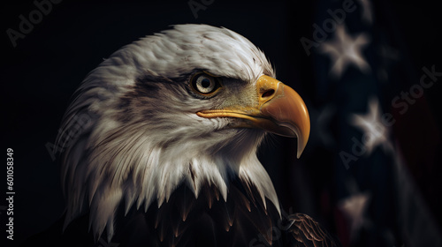 Ai generated illustration of an American bald eagle in front of USA's flag.