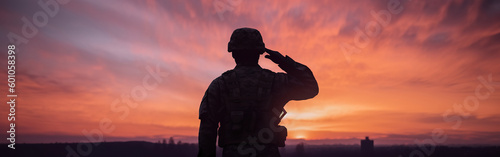 Ai generated illustration of  American Proud saluting male army soldier  silhoutte against sunset