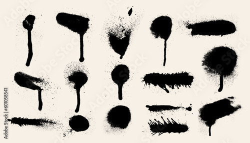 Set of spray paint elements  lines and drips black ink splatters  Ink blots set. Vector Street style splashes  paint streaks  drops. Highly detailed textures taken from high res scans. Graffiti design
