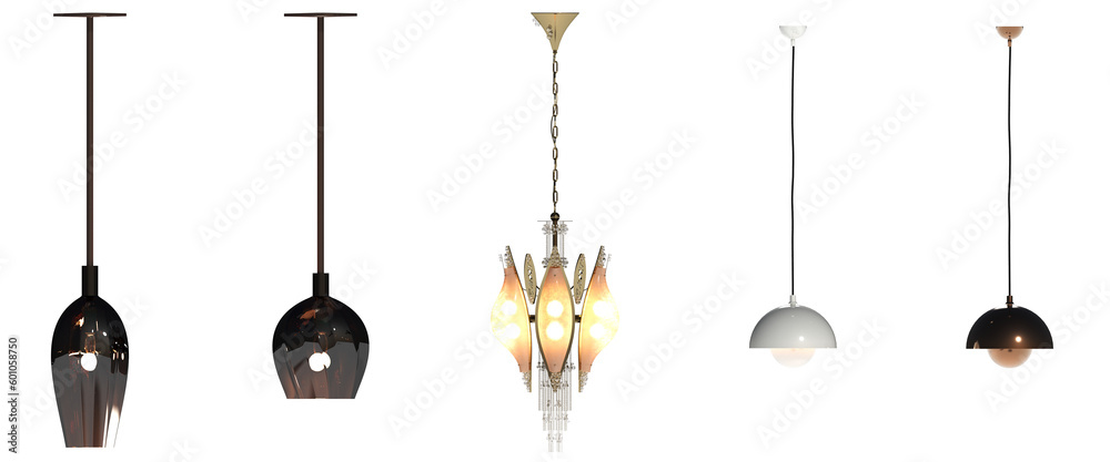 chandelier on the ceiling isolated on transparent background, hanging lamp, pendant light, 3D illustration, cg render