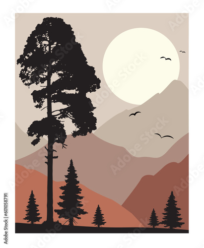 Landscape with pine trees and mountains