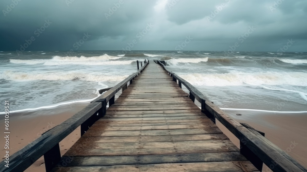 Obraz premium Perspective view of wooden pier on seashore