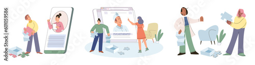 Psychologist and patient with tangled and untangled mind metaphor, doctor solving psychological problems couch consultation, mental health. Online ai therapy. Mental therapy sessions game. Life puzzle