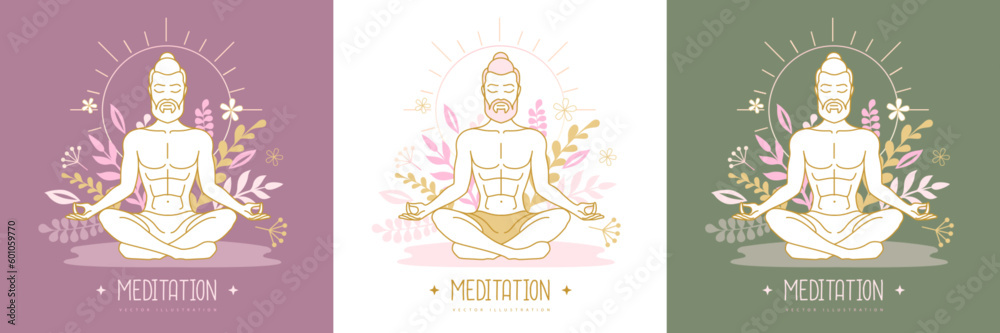 Handsome man meditation in lotus position with floral elements. Vector illustration Handsome man meditation in lotus position with floral elements. Vector illustration