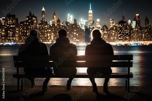 3 guys seated at night looking NY city skyscrappers. 3 friends looking New York at night  photo