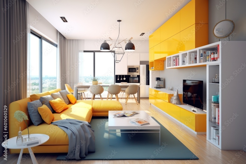 living room interior design, featuring a yellow and blue color palette for a modern and stylish look living room interior design, featuring a yellow and blue color palette for a modern and stylish look