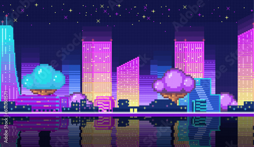 Night city landscape neon pixel background with hight buildings silhouette and stars in dark sky. Pixelated evening cityscape neon for video game design pixel nighttime with modern skyscrapers