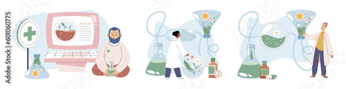 Scientist study research liquid medicine from natural herbal. Medical marijuana research. Modern and traditional medical, Alternative organic herbal drug and chemical medicine. Homeopathy healthcare