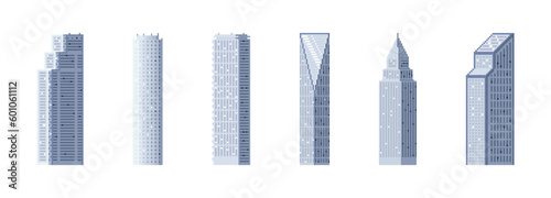 City buildings, pixelated skyscrapers isolated pixel art vector illustrations big city business center. Pixel houses for game icons. Panorama architecture set. 8-bit. Design for stickers, mobile app
