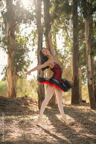 beautiful brunette classical ballet dancer in a forest with dry leaves on the ground performing a dance posture with open arms and supporting the entire weight of her body with the balls of her feet.