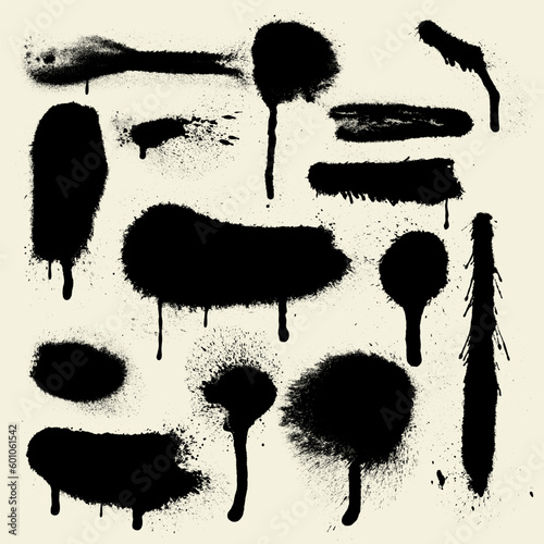 Spray paint elements, lines and drips black ink splatters, Ink blots big set. Vector Street style splashes, paint streaks, drops. Highly detailed textures taken from high res scans. Graffiti elements.