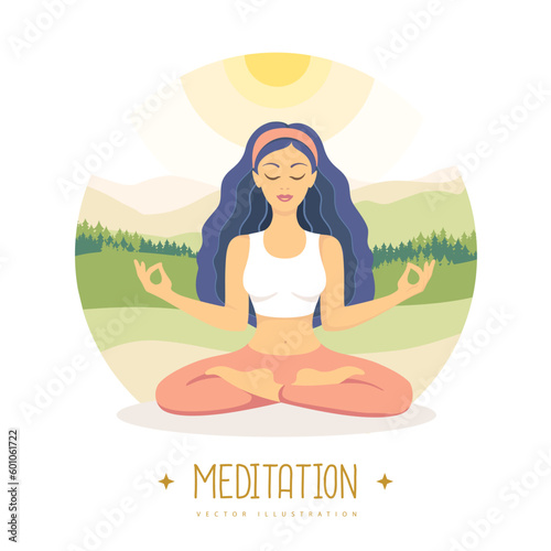 Yound Woman meditation in lotus position on beautiful nature landscape. Vector illustration