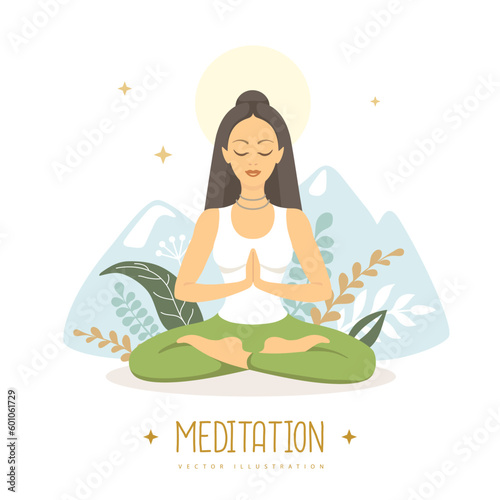 Yound Woman meditation in lotus position with floral elements and mountains. Vector illustration