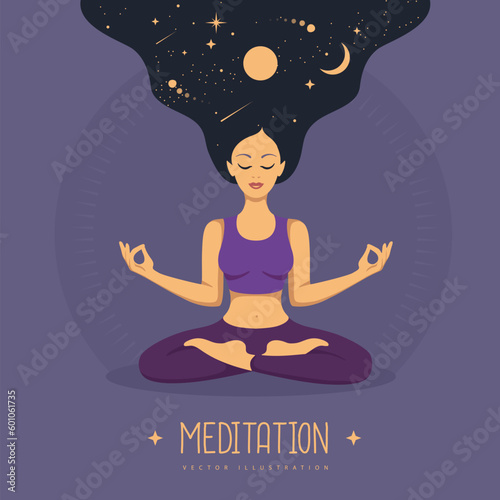 Woman meditation with Solar System inside long hair. Magic witchcraft astrology background. Vector illustration