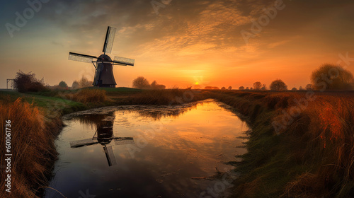 Windmill in the Netherlands. Generative AI